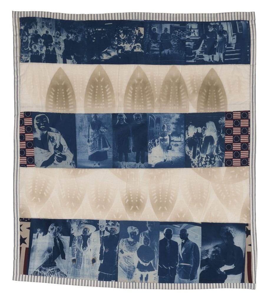 Quilt design with bands of photo negatives depicting individuals and groups of people who, based on clothing, seem to be from different eras
